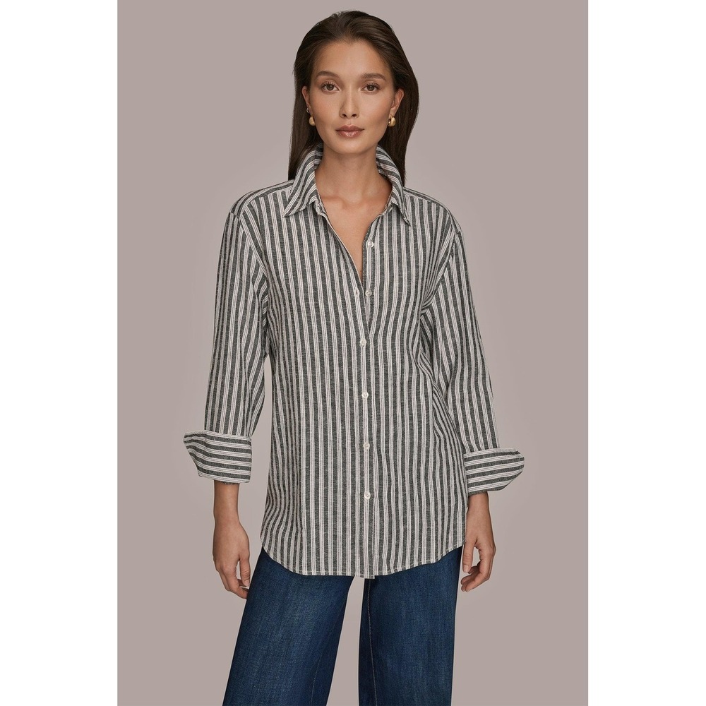 Donna Karan Weekend Striped Linen-Blend Shirt L Coastal Preppy Travel Breathable - Picture 10 of 16